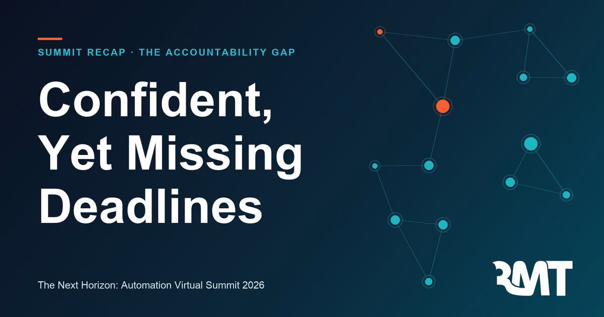 Navy card headlined “Confident, Yet Missing Deadlines” for the orchestration accountability gap summit recap
