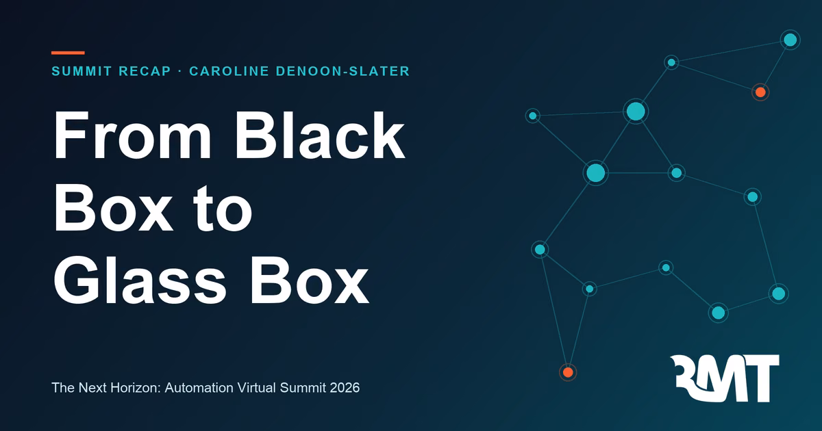 Navy card headlined “From Black Box to Glass Box” for the AI agent governance summit recap