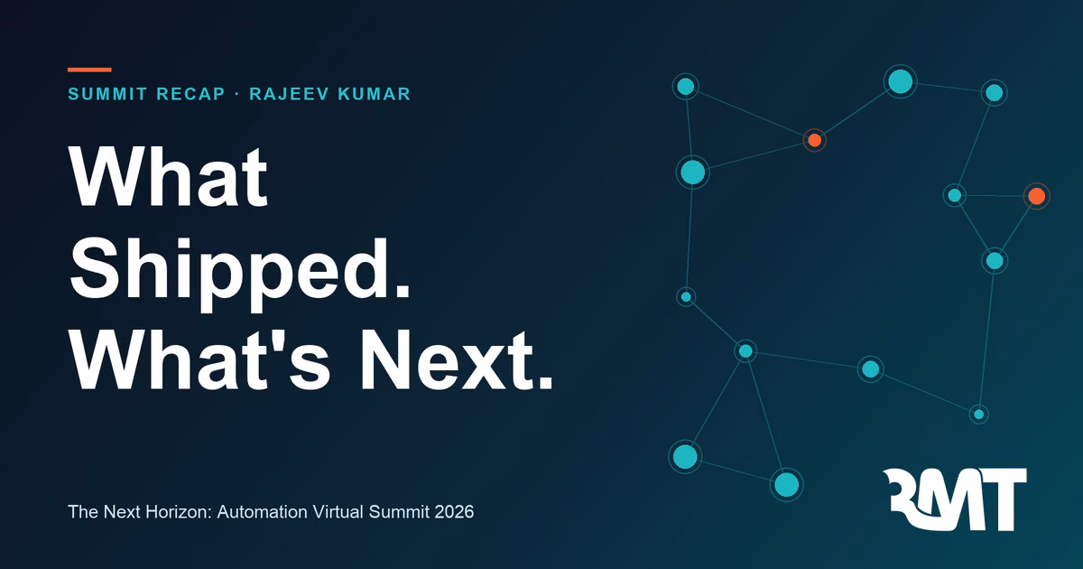 Navy card headlined “What Shipped. What’s Next.” for the Broadcom automation roadmap summit recap
